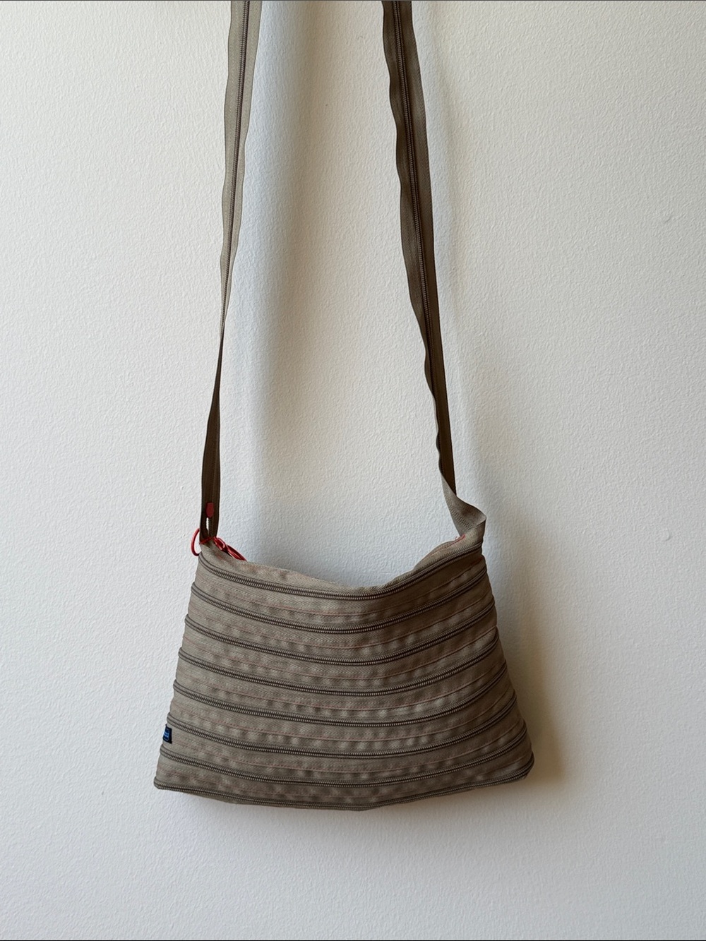 Zip-it Crossbody Shoulder Bag set in Taupe/Olive Green with Orange Zipper
